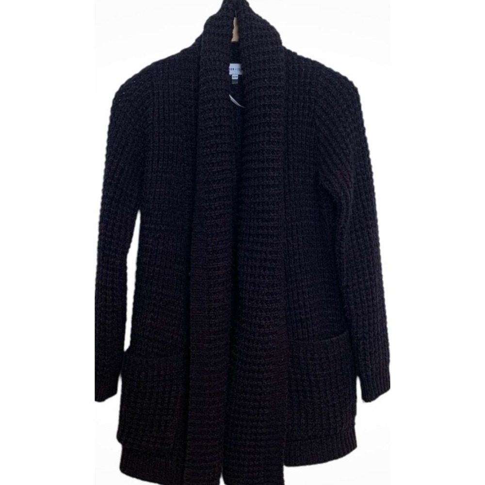 John + Jenn Open Front Cardigan Waffle Knit Shawl Collar Pockets XS